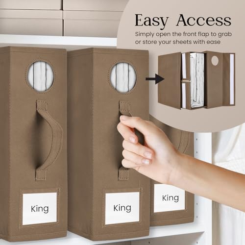 TOSORO 2 Pack Bed Sheet Organizer and Storage, Foldable Storage Organizer for Linen Closet with Viewing Window & Label for Bedding Sheets & Blankets (Queen & King Size) Taupe - color: Taupe, size: 2 Pack