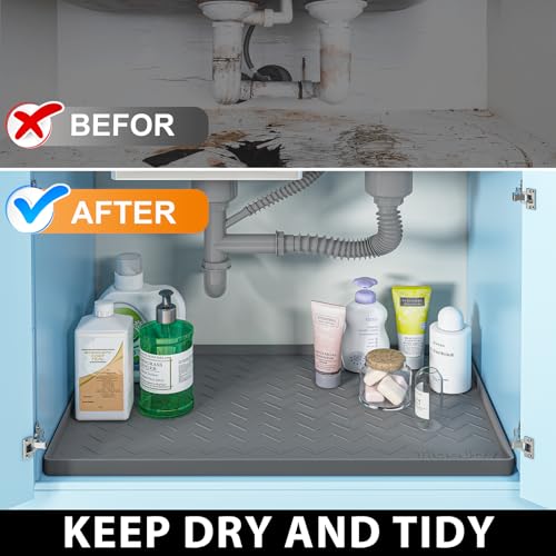 TigeJoy 28" x 19" Under Sink Mats for Kitchen Waterproof, Leak-Proof Silicone Mat Sink Protector and Cabinet Liner, Kitchen Essentials Organizer and Storage, Boot or Shoe Tray, Pet Feeding Mat - color: Beige, size: 19"W x 28"L