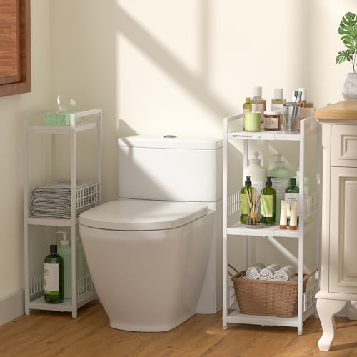 DAOUTIME Expandable Slim Storage Shelf, 3 Tier Metal Shelving Unit for Bathroom Storage Organizer, Free-Standing Narrow Shelf, Open Floor Shelves for Small Spaces,Laundry,Bathroom,Kitchen, White - color: White, size: 3-tier