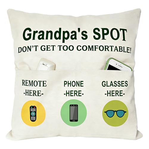 ZUYUROU Grandpa 3 Pocket Throw Pillow Cover, Grandpa's Spot Couch Organizer Pillowcase for Remote Phone Glasses, Ideal Father's Day Birthday Gift for Grandpa, Sofa Armchair Storage, 18 x 18 Inch - color: Grandpa 3-pocket