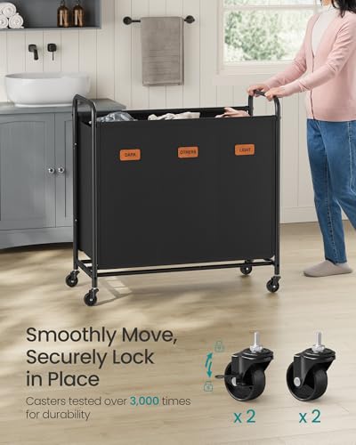 SONGMICS 3-Section Laundry Sorter, Laundry Hamper with Wheels, Rolling Clothes Hamper Cart with Large Capacity and Removable Bags, for Laundry Room, Bedroom, Bathroom, Ink Black URLS330B01 - color: Ink Black, size: 170 L