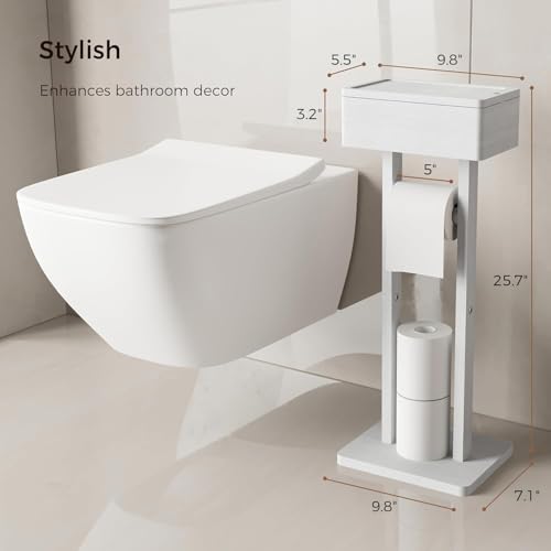 Wealone 4-in-1 White Toilet Paper Holder Stand with Storage Shelf Box, Bamboo Free Standing Toilet Tissue Roll, Toilet Wipes Dispenser Organizer, Temporary Desktop for Bathroom (Patent Protection) - color: White