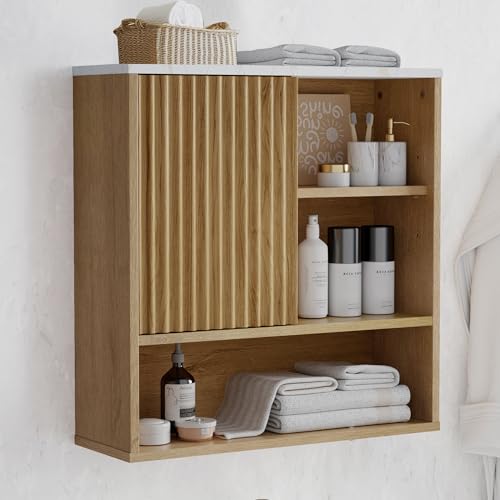 Bathroom Cabinet Wall Mounted Fluted, Modern Medicine Cabinet Over The Toilet Storage Cabinet Faux Marble Top with Adjustable Shelf, Wood Wall Mounted Storage Cabinet Organizer(Oak, Medium) - color: Oak, size: Medium