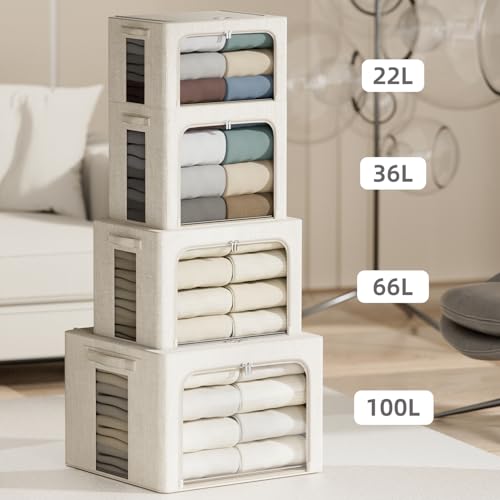 4 Pack Clothes Storage Bins with Metal Frame - 100L Stackable Storage Box with Lid，Foldable Storage Container Organizer for Clothes，Linen Fabric Storage Box with Clear Window＆Zippers＆Handles - color: Beige, size: 100L
