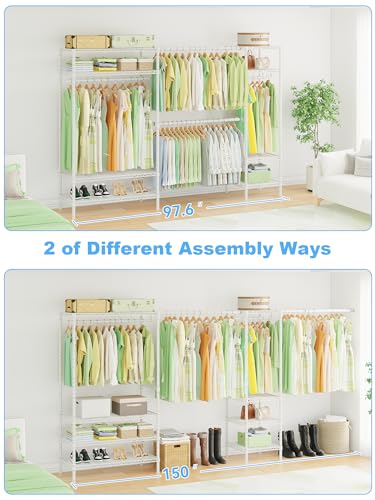 Ulif E11 Heavy-Duty Garment Rack, Metal Freestanding Clothes Rack and Closet Storage Organizer with 8 Shelves and 4 Hanger Rods, (73.2-97.6)" W x 14.5" D x 71.2" H, Load 1034 LBS, White - color: White