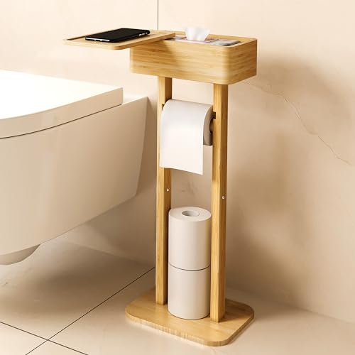 Wealone 4-in-1 Toilet Paper Holder Stand with Storage Shelf Box, 360° Rotating Bamboo Free Standing Toilet Tissue Roll, Toilet Wipes Dispenser Organizer Desktop for Bathroom Decor (Patented) - color: Natural