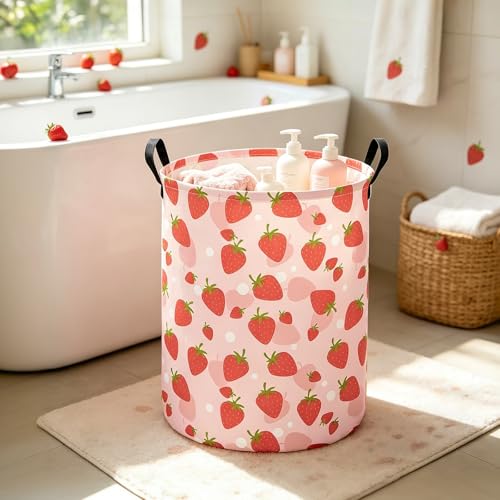 Collapsible Fabric Storage Basket, Waterproof Laundry Hamper with Handles, Round Storage Bin for Clothes Toys, Foldable Organizer for Bedroom Nursery Bathroom(Round-Pink Strawberry) - color: Round-Pink Strawberry