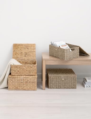 StorageWorks Seagrass Wicker Baskets for Organizing, Large Wicker Basket with Lid, Decorative Basket with Built-in Handles, Storage Baskets for Shelves, 1 Pack - color: Natural(Seagrass), size: 15"L × 11"W × 7"H