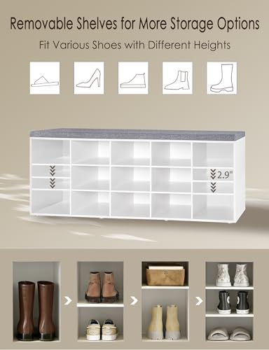 DINZI LVJ Shoe Storage Bench with Cushion, 13-Cubby Shoe Rack, Adjustable Shelves, Multifunctional Shoe Organizer Bench for Entryway, Mudroom, Hallway, Living Room, Bedroom and Garage, White - color: White, size: 13 Cubby