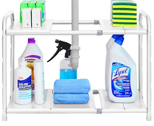 Simple Houseware Under Sink 2 Tier Expandable Heavy Duty Metal Shelf Organizer Rack, White (Expand from 15 to 25 inches) - color: White