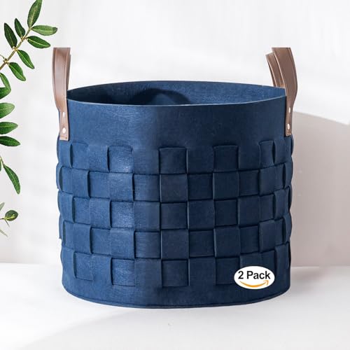 BOLDMONKEY Blankets Basket 15" x15 " x13 " 2 Pack, Felt Storage Baskets for Organizing Round, Living Room Dog Toy Bin for Dirty Clothes, Pillows, Towel-Navy Blue - color: Navy Blue
