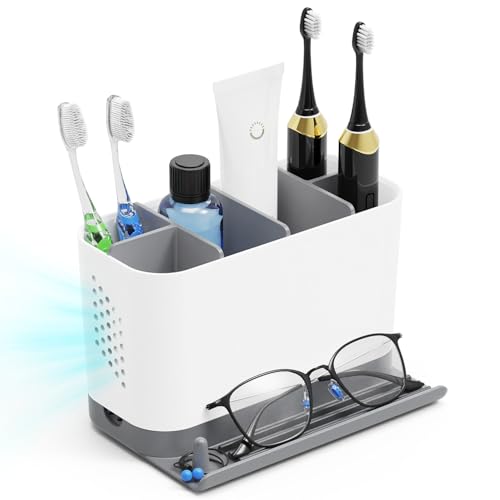 Toothbrush Holders for Bathrooms, Adjustable 6 Slots Electric Toothbrush and Toothpaste Holder, Cord-Friendly Detachable Bathroom Countertop Organizer with Front Ledge for Phone and Ring Holder - color: Grey and White