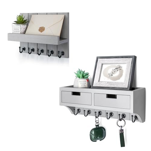 Rebee Vision Modern Farmhouse Decor Key Holder Wall Mount Combo - Stylish Key and Mail Holder for Wall with Drawer Organizer and Floating Shelves - Apartment Essentials for Home Decor (Gray)