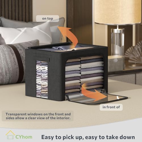 CYhom Clothes Storage Bins Box - Linen Fabric Foldable Stackable Container Organizer Set with Clear Window & Carry Handles & Metal Frame (Black, Medium-36L) - color: Black, size: Medium-36L