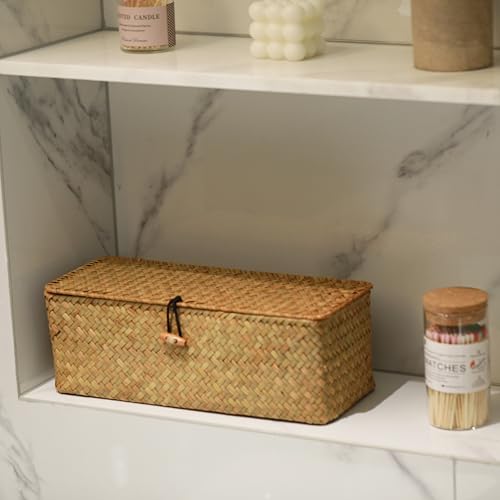 DECRAFTS Seagrass Storage Basket with Lid Rectangular Small Woven Shelf Baskets with Sections for Organize Snack Toys Tampon - color: Natural 3 Sections