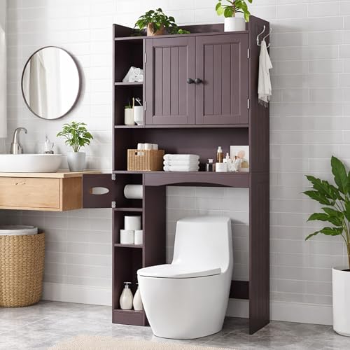 Gizoon Over The Toilet Storage Cabinet, 66''H Over Toilet Storage Cabinet, with Paper Holder, Adjustable Shelves, 2 Doors, Over Toilet Bathroom Organizer, 2 Side Hooks, Space-Saver, Dark Brown - color: Dark Brown