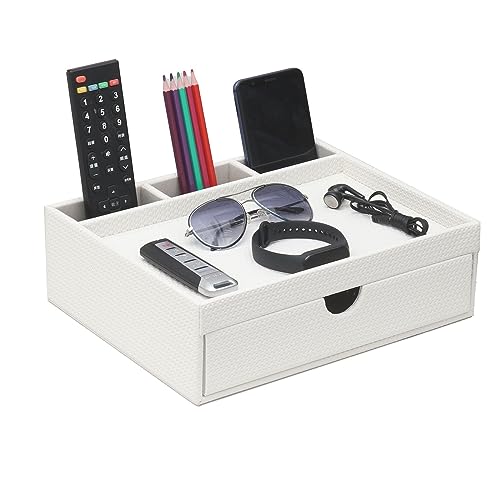 Leather Desk Organizer With Drawers, Home Cosmetics Organizer, Phone Remote Organizer, Drawer Plus Divider & Tray (black) - color: black