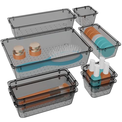 WOWBOX 8 PCS Clear Plastic Drawer Organizer Set, 4 Sizes Desk Drawer Organization and Storage Containers for Makeup, Cosmetics, Jewelry and Gadgets in Kitchen, Bathroom, Bedroom, Office, Clear Black - color: Black, size: 8 PCS