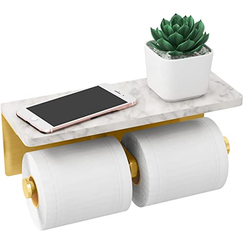 Brushed Gold Toilet Paper Holder with Shelf, New Upgrade Double Toilet Paper Holder with Storage, Marble Roll Toilet Paper Wall Mount for Bathroom Washroom - color: Gold, size: 2 Roll