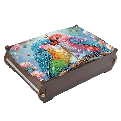 antor DIY Diamond Painting Wooden Storage Box, Parrots Special Shaped Rhinestone Art Flip Cover Organizer, Handmade Desktop Diamond Art Storage Box Decorations Gift for Adults - color: Parrot