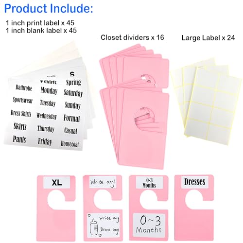 16 Pack White Clothing Rack Size Dividers Plus 45 Labels (1 Inch) and 18 Large Blank Labels, Large Rectangular Clothing Closet Dividers (Pink) - color: Pink, size: 16 PACK