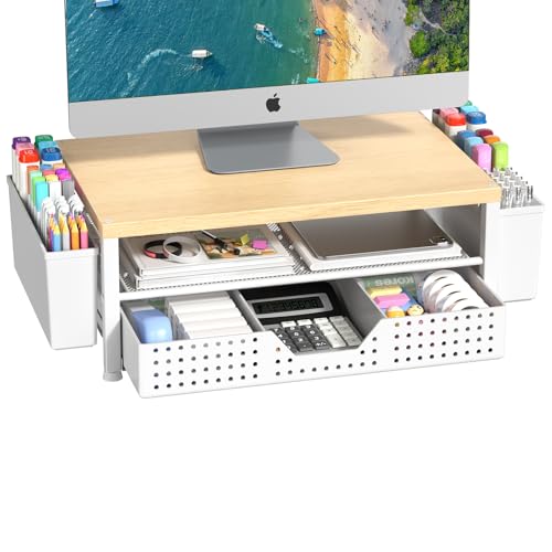 Wood Metal Monitor Stand Riser, Laptop Stand for Desk, Office Desk Organizer and Accessories, Computer Desktop Shelf with Drawer and Pen Holder, Printer Stand for Home, Office, Dorm (Natural Wood) - color: Natural Wood