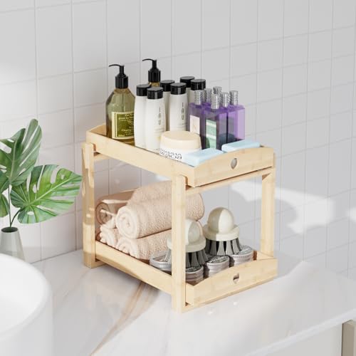 APRTAT 2 Pack Under Sink Organizer, Bamboo Wooden 2-Tier Pull-Out Storage with Sliding Drawers for Kitchen and Bathroom Cabinets, Easy Installation (Natural) - color: Natural