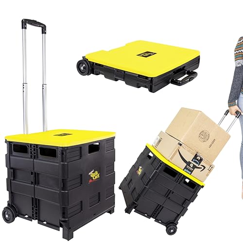 dbest products Quik Cart Collapsible Rolling Crate on Wheels for Teachers Tote Basket 80 lbs Capacity, Made from Heavy Duty Plastic and Used as a Seat, Canary, Yellow - color: Yellow, style: Standard