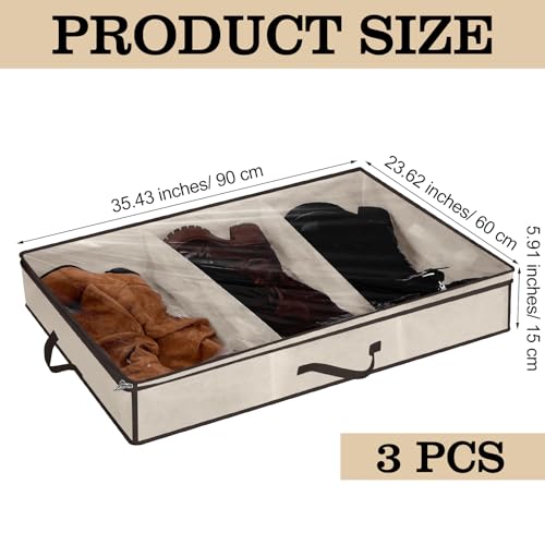 SATINIOR 3 Pcs 3 Section Under Bed Shoe Storage Boot Bag Beige and Brown Underbed Shoe Organizer with Large Clear Pockets Fabric for Storage Men's and Woman's Boots - color: Beige and Brown