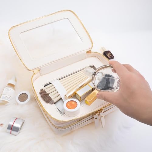 Aveniee Large Clear Makeup Bags, Double Layer Cosmetic Bags with Separate Brush Compartment, Travel Toiletry Bag Cosmetic Train Case, Travel Accessories Organizer for Women(2 Layers, White) - color: Off-White, style: Dual Layer