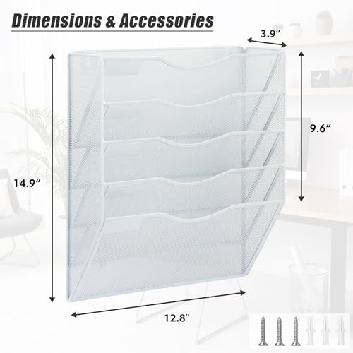 EASEPRES 5 Pocket Mesh Hanging Wall File Organizer, Wall Mounted Mail Paper Document Folder Holder, Clipboard Storage Organization Magazine Rack with Nametag Label for Office Home School, White - color: White, size: 5 Tier