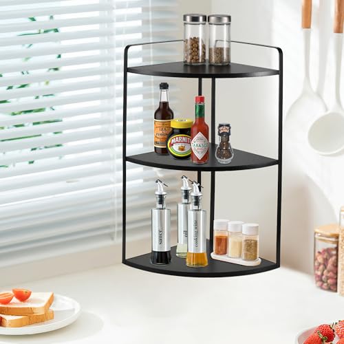 3 Tier Corner Bathroom Counter Organizer, Countertop Organizer, Makeup Organizer Countertop, Bathroom Storage Sink Shelf, Wooden and Metal Counter Shelf (Large Capacity-Black) - color: Black