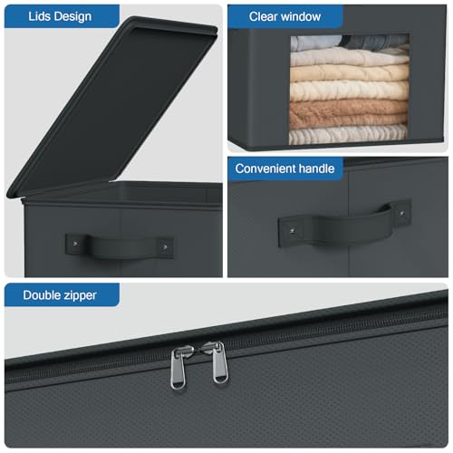 Zilink Fabric Organizer Bins with Lids 4-Pack Collapsible Stackable Storage Bins with Zipper & Clear Window Closet Organizer Storage Bins for Home, Office, Bedroom (Dark Grey,17" x 12" x 12") - color: Dark Grey