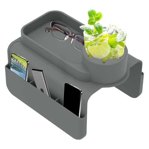 Sofa Armrest Organizer Tray with Cup Holder and Side Pockets, Non-Slip Silicone Caddy for Drinks Remote Control Phone Snacks, Living Room Couch Arm Storage(Grey) - color: Grey