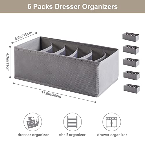 6 Pack Woven-Fabric Dresser Drawer Organizers, 36 Cells for Clothing & Baby, Bedroom Storage Drawers - color: Gray, size: 6 cells