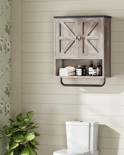 CHOEZON Bathroom Wall Cabinet, Medicine Cabinet with Open Partition and Towel Bar, Rustic Storage Cabinet with Open and Hidden Storage Space, for Bathroom, Living Room, Greige and Charcoal Black - color: Greige and Charcoal Black, size: 7.1"D x 18.9"W x 2
