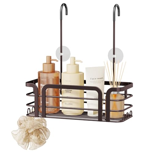 SWTYMIKI Shower Caddy Hanging Organizer - Over the Door Shower Caddy with 6 Hooks, 2 Installation Ways, Stainless Steel Rustproof Bathroom Organizer, Bronze - color: Bronze-1 tier