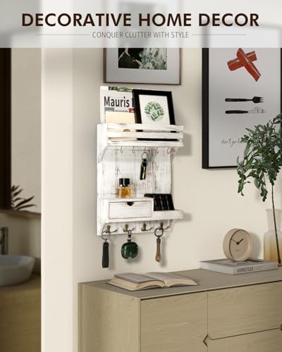 Rebee Vision Farmhouse Key Holder Wall Mount with Mini Drawer Organizer - Decorative Mail Organizer with 9 Key Hooks & Shelf - Ideal Apartment Essentials for Home Decor (Whitewash) - color: Whitewash, style: Small Drawer