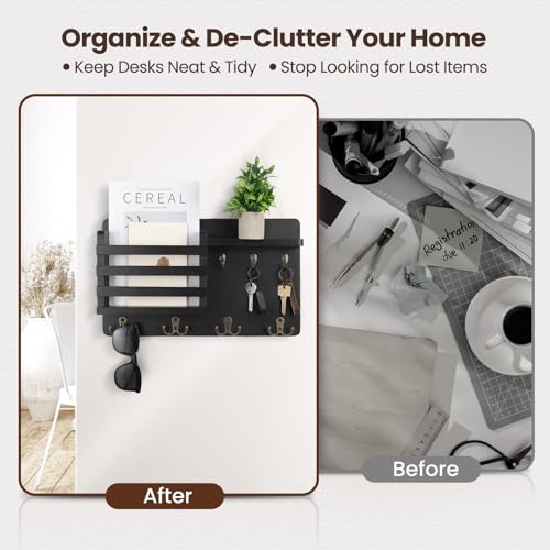 Nekon Mail Holder for Wall Mail Organizer with Key Hooks Hallway Farmhouse Decor Storage Racks with Floating Shelf and Flush Mount Hardware (16.8Inch x 10Inch x 3.2Inch) - color: Black
