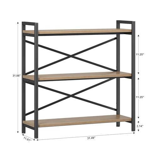 Homeiju 3 Tier Bookshelf 31.49" Width, Wood and Metal Etagere Bookcase, Vintage Farmhouse Modern Wooden Big Book Shelf for Home Living Room Bedroom Office Storage(Light Coffee) - color: Light Coffee, size: 3 Tier - 31.5" W