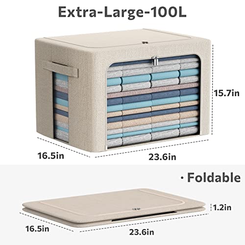 CYhom Extra Large Clothes Storage Bins - Linen Fabric Foldable Stackable Container Organizer Set with Clear Window & Carry Handles & Metal Frame - 2Pack Large Capacity for Bedding, Blankets, Books - color: Beige, size: Extra Large-100L