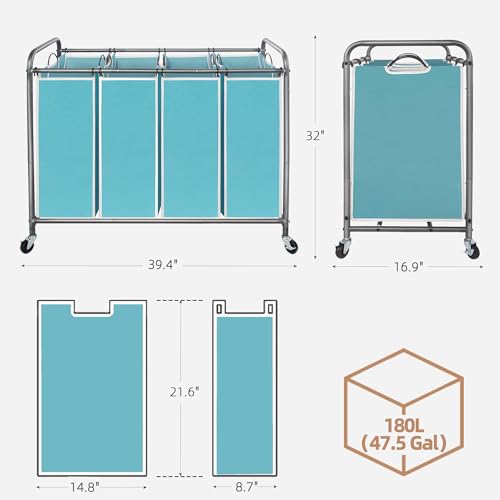 STORAGE MANIAC Laundry Sorter 4 Section, 47.8 Gal (181 L) Laundry Hamper with Wheels, Clothes Divider Basket Sorter, Clothes Separator Hamper Cart with Wheels and Removable Bags, Blue - color: Blue, size: 4 Section