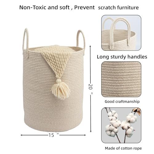 Woven Cotton Rope Laundry basket-15”X20” Laundry Hamper-Rope Storage Basket for Dirty Clothes, Toys and Blankets Perfect for Bathroom, Baby nursery and Living Room Storage (oatmeal) - color: oatmeal, size: regular
