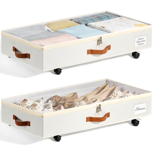 Under Bed Storage with Wheels Set of 2, Underbed Storage Container with Clear Lid Cover, 6.7 Inches Height Rolling Under Bed Drawer Storage Basket Bin Shoe Organizer for Cloth Sheet Sweater - color: Beige
