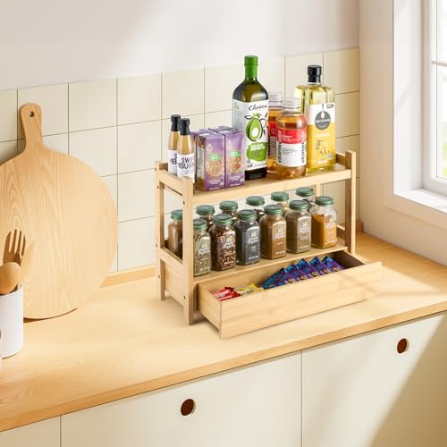 Sorbus Bamboo Bathroom Counter Organizer – 2-Tier Shelf with Hidden Drawer for Vanity, Matcha Station, Bathroom Sink Organizer Countertop, Kitchen & Office Storage (17″ L x 6.5″ W x 12.6″ H) - color: Natural Bamboo, size: 17" x 6.5" x 12.6"