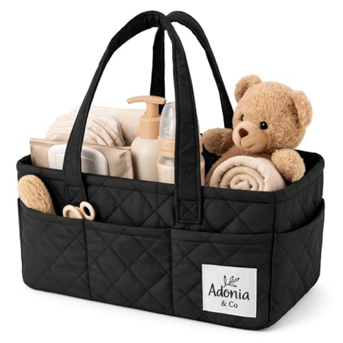 Adonia & Co Diaper Caddy Organizer – Nursery Storage Basket for Newborn Essentials Must Haves & Baby Must Haves – Portable, Machine Washable Baby Diaper Bag Organizer (Black) - color: Black