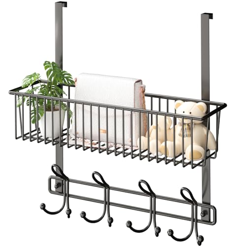 Kaiferty Over The Door Hooks Organizer,Door Hanger Door Storage with Basket,Over The Door Towel Rack Coat Hooks with 12 Hooks,for Bathroom,Bedroom,Kitchen,Office,Apartment(Black) - color: 1 Wire Basket-Black