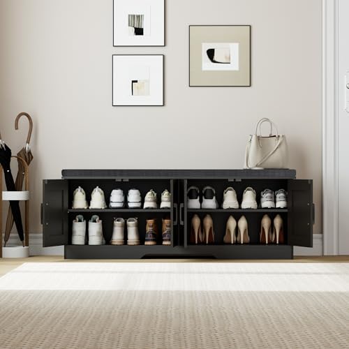 HOMSHO 2-Tier Storage Bench, 47.2" Wide Shoe Bench with Padded Seat Cushion, Entryway Bench with 4 Barn Doors and Adjustable Shelf, Black - color: Black, size: 47.2" Wide