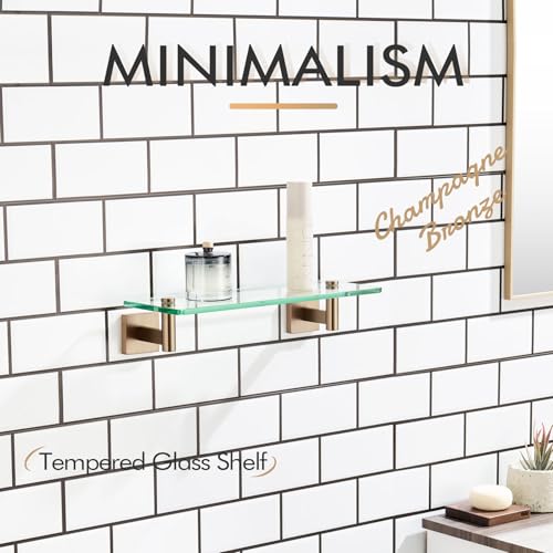 KOKOSIRI Wall Shelves Bathroom Hardware Glass Floating Shelf Small Hanging Rack Storage/Room Decor 12-Inch Champagne Bronze 2 Pack B1105CPG-L12-P2 - color: Champagne Bronze, size: 12-Inch(2 Pack)
