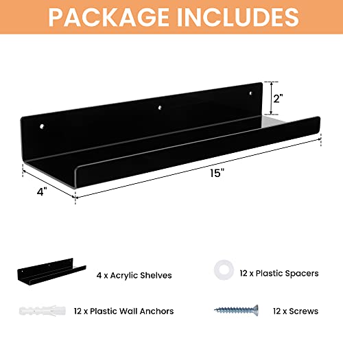 upsimples Acrylic Shelves for Wall Decor, 15" Display Shelf Perfume Organizer for Bathroom, Bedroom, Living Room, Floating Bookshelves for Kids, Black, 4 Pack - color: Black
